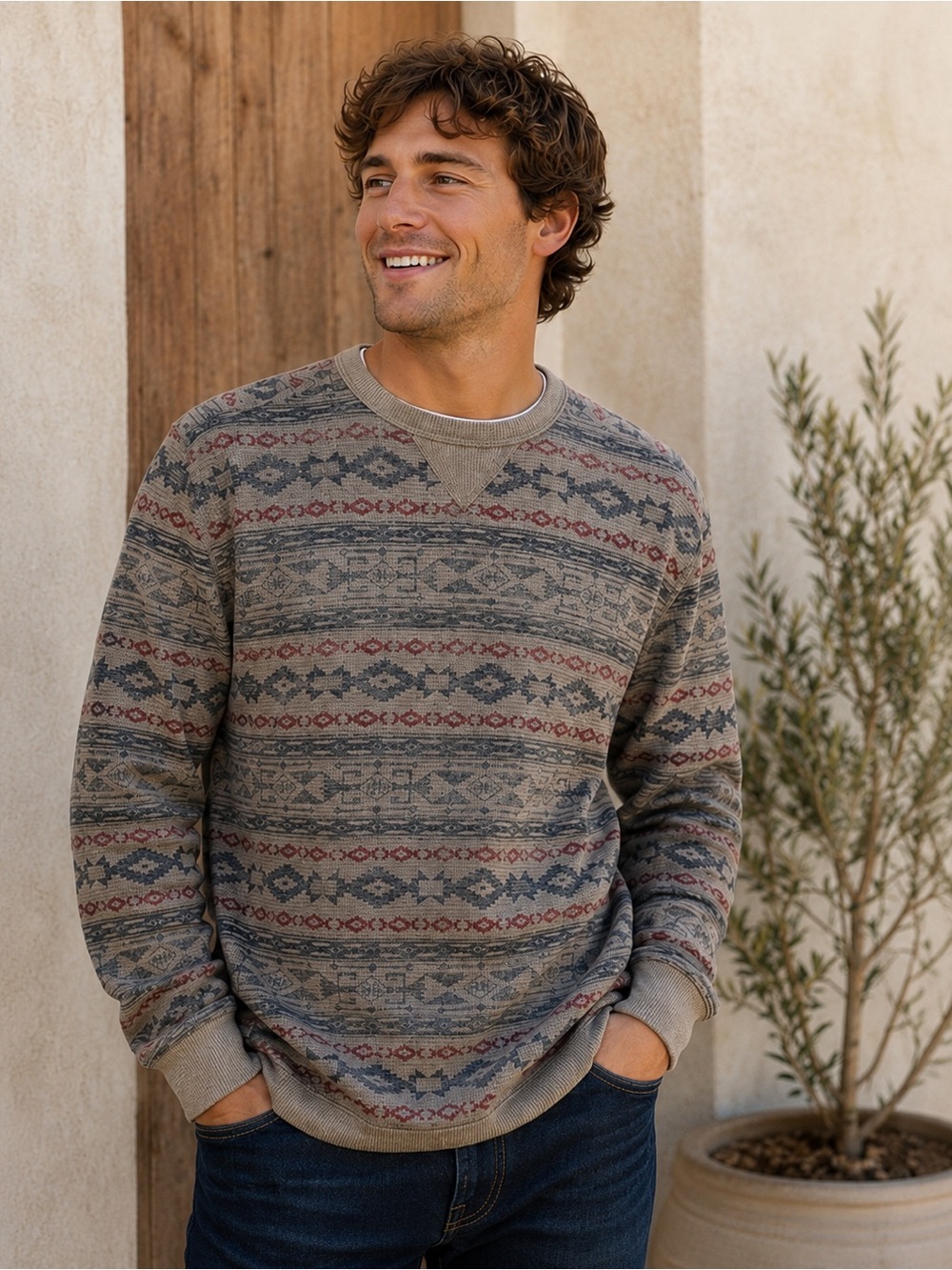 Eddie Bauer Southwestern Aztec Thermal Waffle Knit Pullover Shirt Men S Gorpcore
